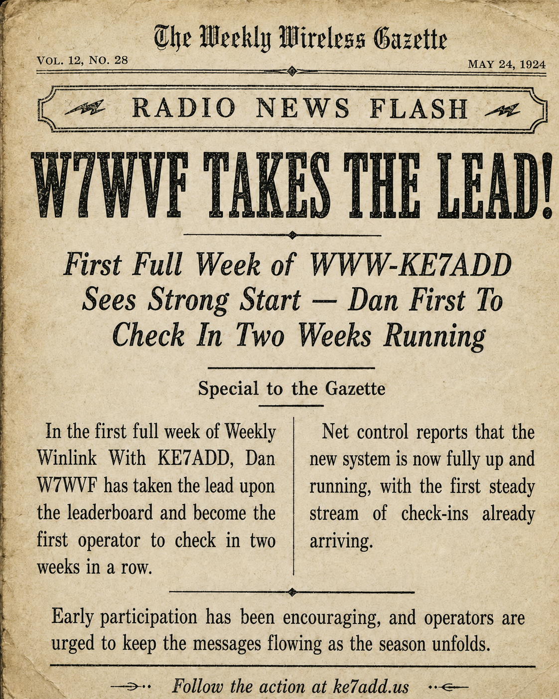 NEWS FLASH: W7WVF TAKES THE EARLY LEAD!